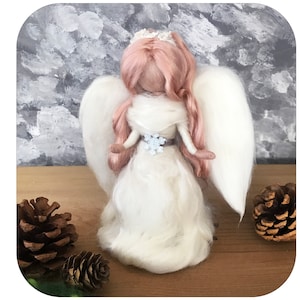 Shiny Angel tree topper with pink hair. Needle felted Waldorf inspired Christmas decoration