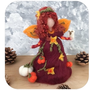 Pumpkin Autumn fairy with owl , Lady Autumn needle felted Waldorf inspired by Rachel Mack.