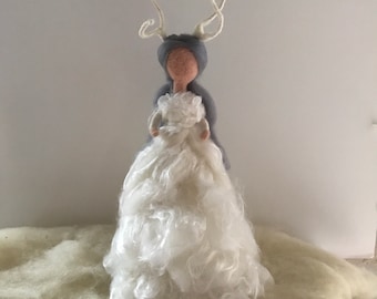 Winter goddess Large Tree topper, Mantel decoration, Centerpiece. Needle felted Waldorf Winter Queen by Rachel Mack