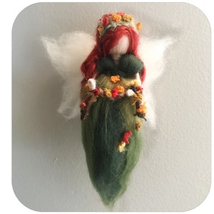 Green shades Autumn flowers fairy ornament, needle felted Waldorf inspired fairy by Rachel Mack.