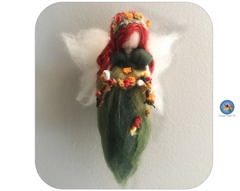 Green shades Autumn flowers fairy ornament, needle felted Waldorf inspired fairy by Rachel Mack.