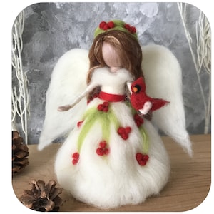 Angel with cardinal tree topper. Needle felted Christmas Waldorf inspired Angel in wool. Customized sizes