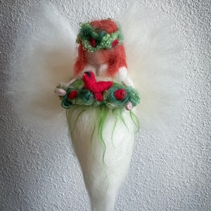Christmas Angel/Fairy Ornament, needle felted Waldorf inspired. White, green and red accents.