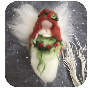 Christmas Angel/Fairy Ornament, needle felted Waldorf inspired. White, green and red accents.
