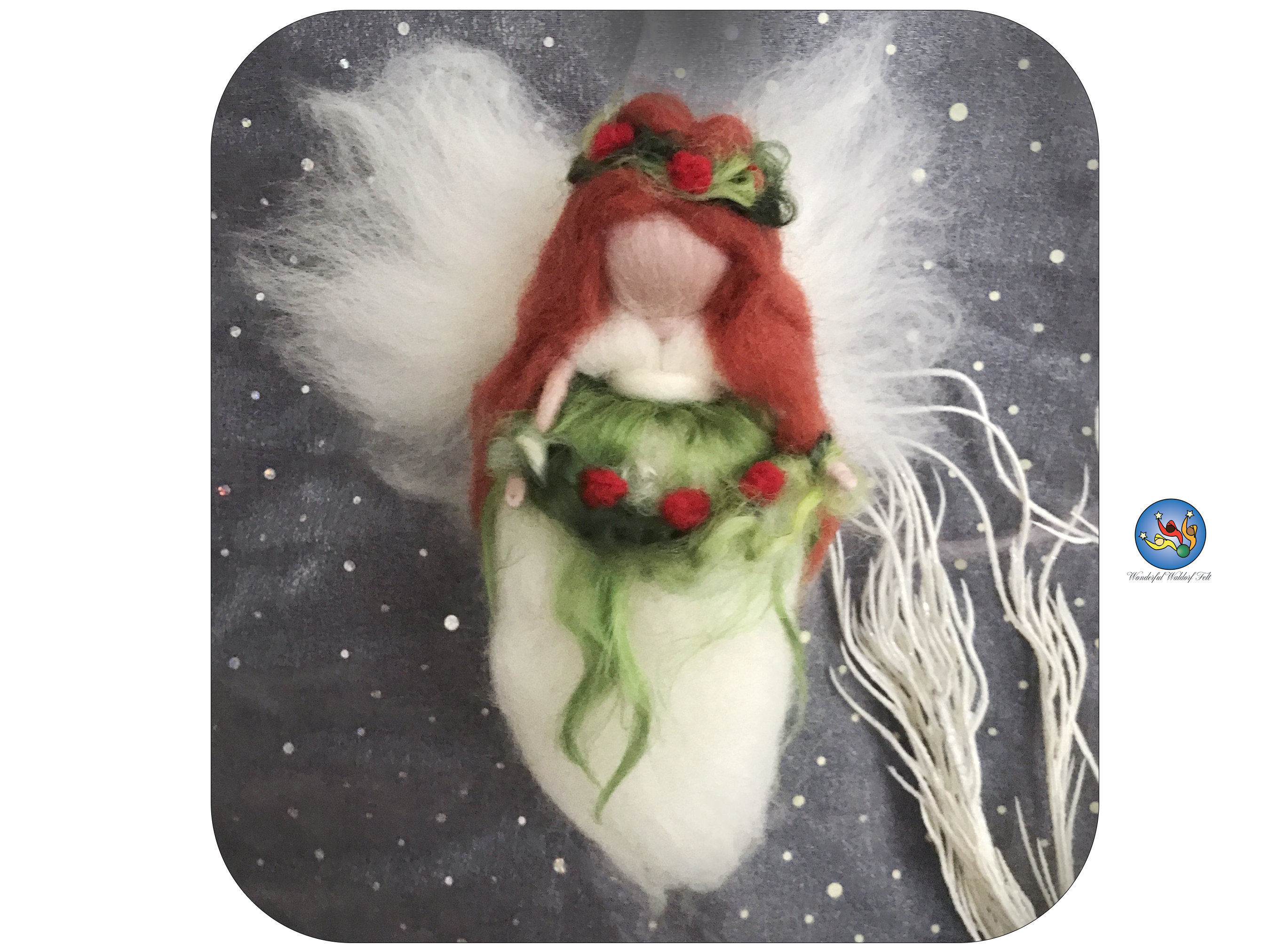 Christmas Angel/Fairy Ornament, needle felted Waldorf inspired. White, green and red accents.