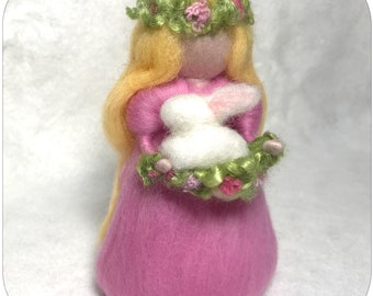 Lady Spring Fairy Angel with Easter Bunny, Needle Felted Waldorf Inspired Spring Decoration, Easter Nature Table Figurine, Handmade Wool art
