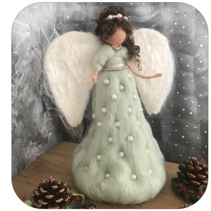 Pearls of Joy Angel Tree topper. Needle felted Christmas angel by Rachel Mack.