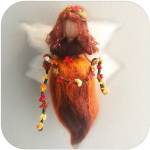 Autumn flowers fairy ornament, needle felted Waldorf inspired fairy by Rachel Mack.