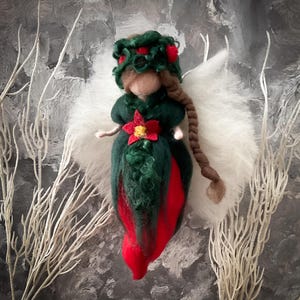 Christmas Angel/Fairy Ornament, needle felted Waldorf inspired. White, green and red accents.