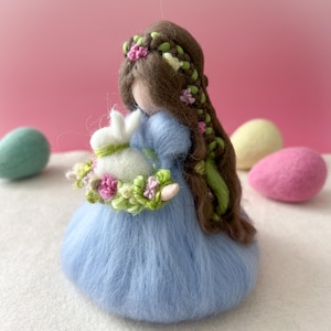 Easter Waldorf fairy with bunny, needle felted spring nature table decor, handmade wool figurine, heirloom Easter decoration.