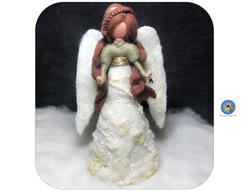 May include: A handcrafted angel figurine with white wings and a cream-colored dress. The angel has brown hair and is holding a small bell. The figurine is made of felt and is a decorative item.