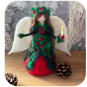 Holly Joy Christmas Angel Tree Topper with Candle. Needle felted Yuletide ornament. Waldorf inspired.