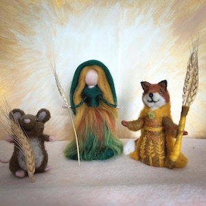 Guardians of the Grains – Needle Felted Autumn Figurine Set – Goddess, Spirit of the Wheat Fox, and Harvest Mouse