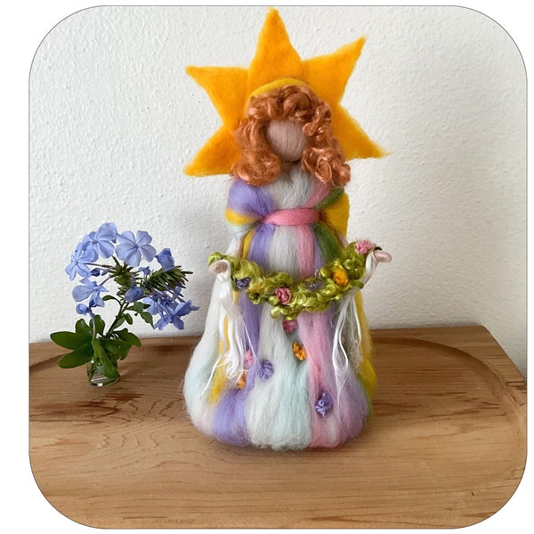 Summer Waldorf inspired fairy with sun. Dawn fairy for summer nature table. Summer Birthday