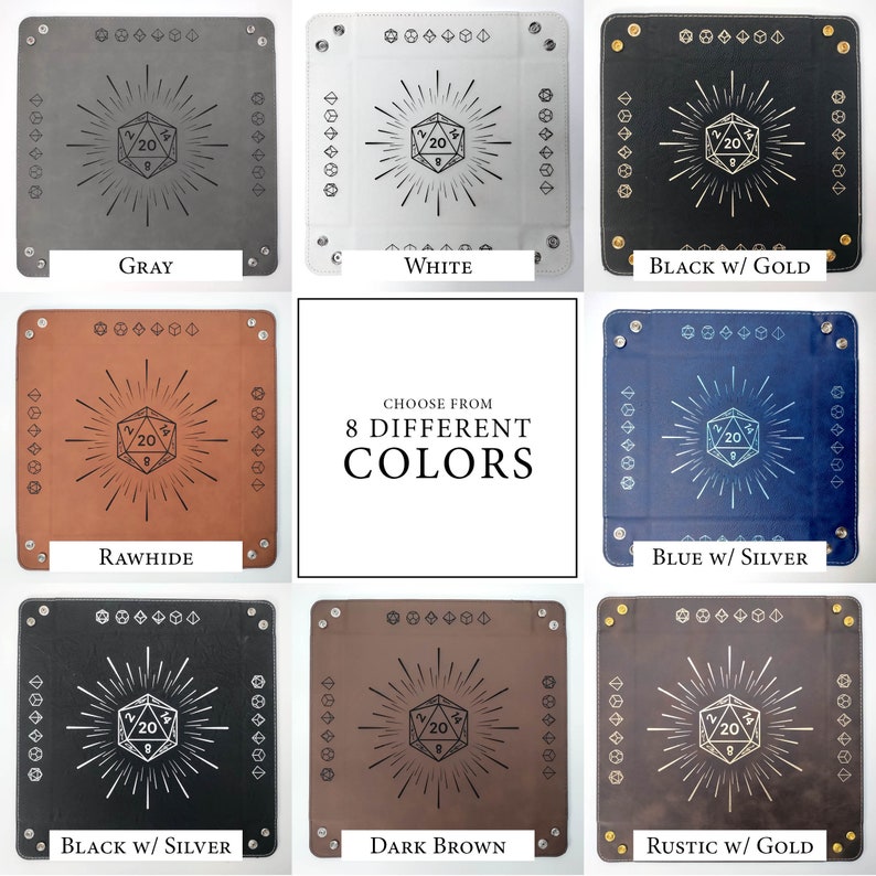 Choose from 8 different colors: gray, white, black with gold, rawhide, blue with silver, black with silver, dark brown, rustic brown with gold