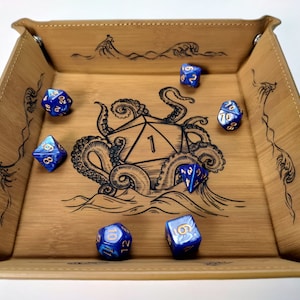 Wood ship Kraken dice tray with blue dice