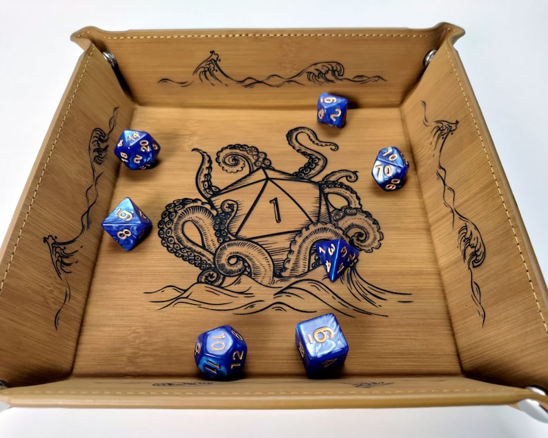 Wood ship Kraken dice tray with blue dice