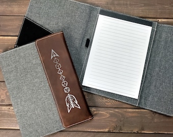 Leather Portfolio for D&D with Polyhedral Dice Sword or Arrow | RPG Character Notebook for DnD Campaigns | Magnetic Close with Pockets