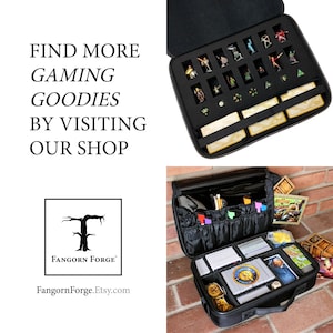 May include: Black gaming bag with multiple compartments and pockets. The bag is open and shows a variety of game pieces, cards, and dice. The bag is labeled "Fangorn Forge".