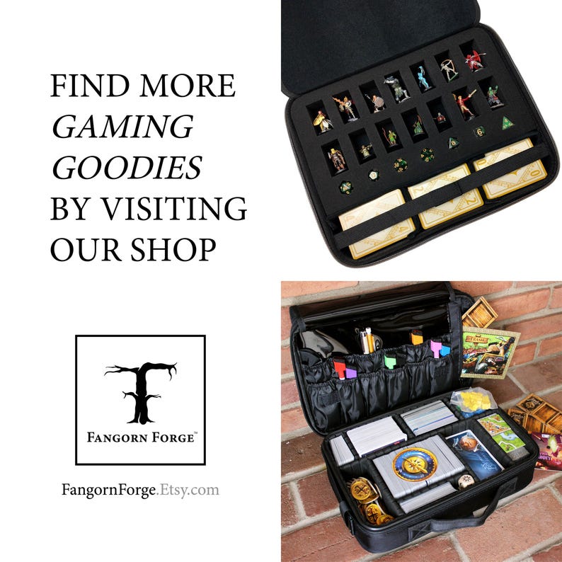 May include: Black gaming bag with multiple compartments and pockets. The bag is open and shows a variety of game pieces, cards, and dice. The bag is labeled "Fangorn Forge".
