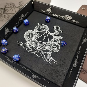 Square Leather Dice Tray with Personalized Art or Name | Portable Rolling Tray Stores Flat | Kraken,  D20 Polyhedral Dice Set, D&D Designs