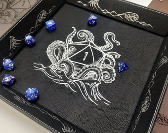 Square Leather Dice Tray with Personalized Art or Name | Portable Rolling Tray Stores Flat | Kraken,  D20 Polyhedral Dice Set, D&D Designs