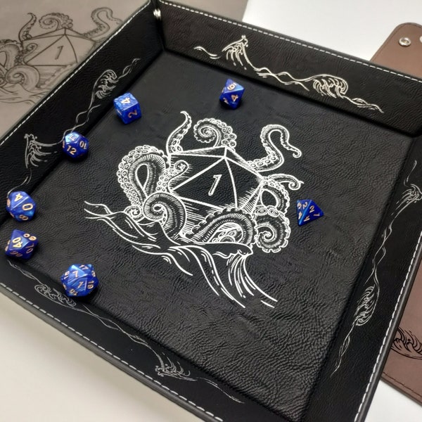 Square Leather Dice Tray with Personalized Art or Name | Portable Rolling Tray Stores Flat | Kraken,  D20 Polyhedral Dice Set, D&D Designs