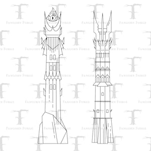 Könnte beinhalten: Linienzeichnung von zwei Türmen. Der Turm links hat eine Flamme oben und ein Auge in der Flamme. Der Turm rechts hat eine spitze Spitze mit einem Turm.