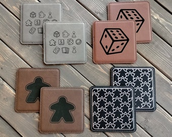 Set of 2 Board Game Coasters, Meeple Drink Coasters, Leather Coasters, Dice Game Coasters, Tabletop Gamer Gift, Engraved Coasters