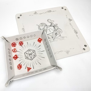 Bandeja rodante de dados con paredes resistentes hechas a mano / Arte D20 de mazmorras y dragones grabado en bandeja de dados / Accesorio de juego de dados hecho con cuero vegano