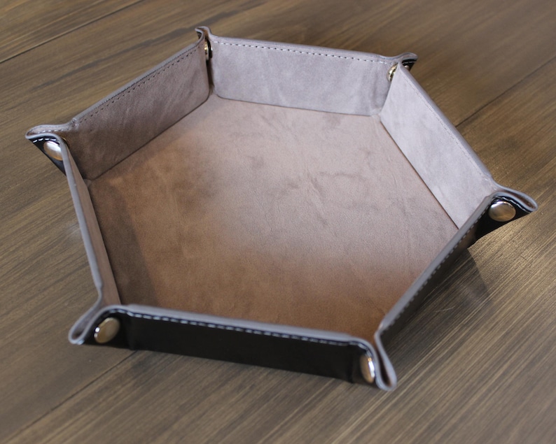 Grey dice tray with black leather exterior