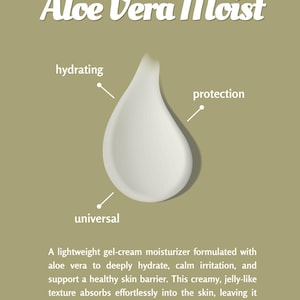 K&ouml;nnte beinhalten: Ein wei&szlig;er, tropfenf&ouml;rmiger Gel-Creme-Feuchtigkeitsspender mit dem Text "Aloe Vera Moist". Das Bild hebt die feuchtigkeitsspendenden, sch&uuml;tzenden und universellen Eigenschaften des Produkts hervor. Die Beschreibung besagt, dass das Produkt tiefgehend hydratisiert, Irritationen lindert und eine gesunde Hautbarriere unterst&uuml;tzt.