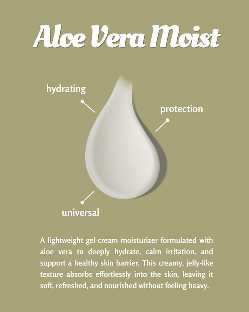 K&ouml;nnte beinhalten: Ein wei&szlig;er, tropfenf&ouml;rmiger Gel-Creme-Feuchtigkeitsspender mit dem Text "Aloe Vera Moist". Das Bild hebt die feuchtigkeitsspendenden, sch&uuml;tzenden und universellen Eigenschaften des Produkts hervor. Die Beschreibung besagt, dass das Produkt tiefgehend hydratisiert, Irritationen lindert und eine gesunde Hautbarriere unterst&uuml;tzt.