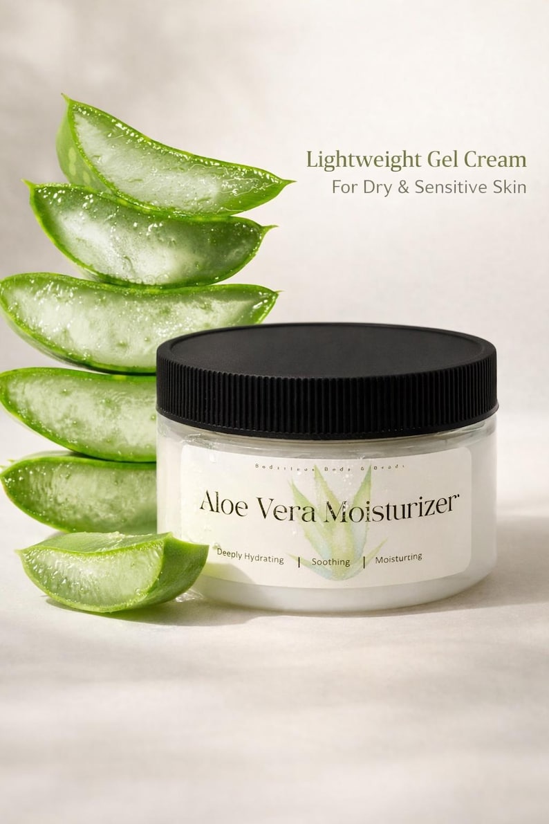 K&ouml;nnte beinhalten: Ein Tiegel Aloe Vera Feuchtigkeitscreme mit schwarzem Deckel, neben geschnittenen Aloe Vera Bl&auml;ttern. Das Etikett lautet "Aloe Vera Moisturizer" und "Lightweight Gel Cream For Dry & Sensitive Skin". Das Produkt ist tiefenwirksam feuchtigkeitsspendend, beruhigend und feuchtigkeitsspendend.