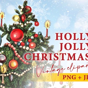 Vintage Christmas Tree Clipart, Christmas graphics, Christmas printable commercial use illustration, Junk Journal, Instant download PNG