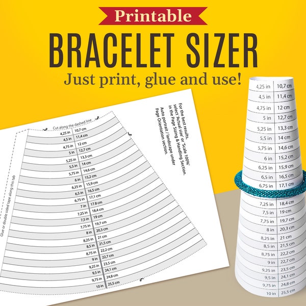 Printable bracelet sizer, Printable bracelet mandrel, Bracelet Sizer Gauge, Jewelry Sizing Tool, A4, US Letter size PDF JPG Instant download