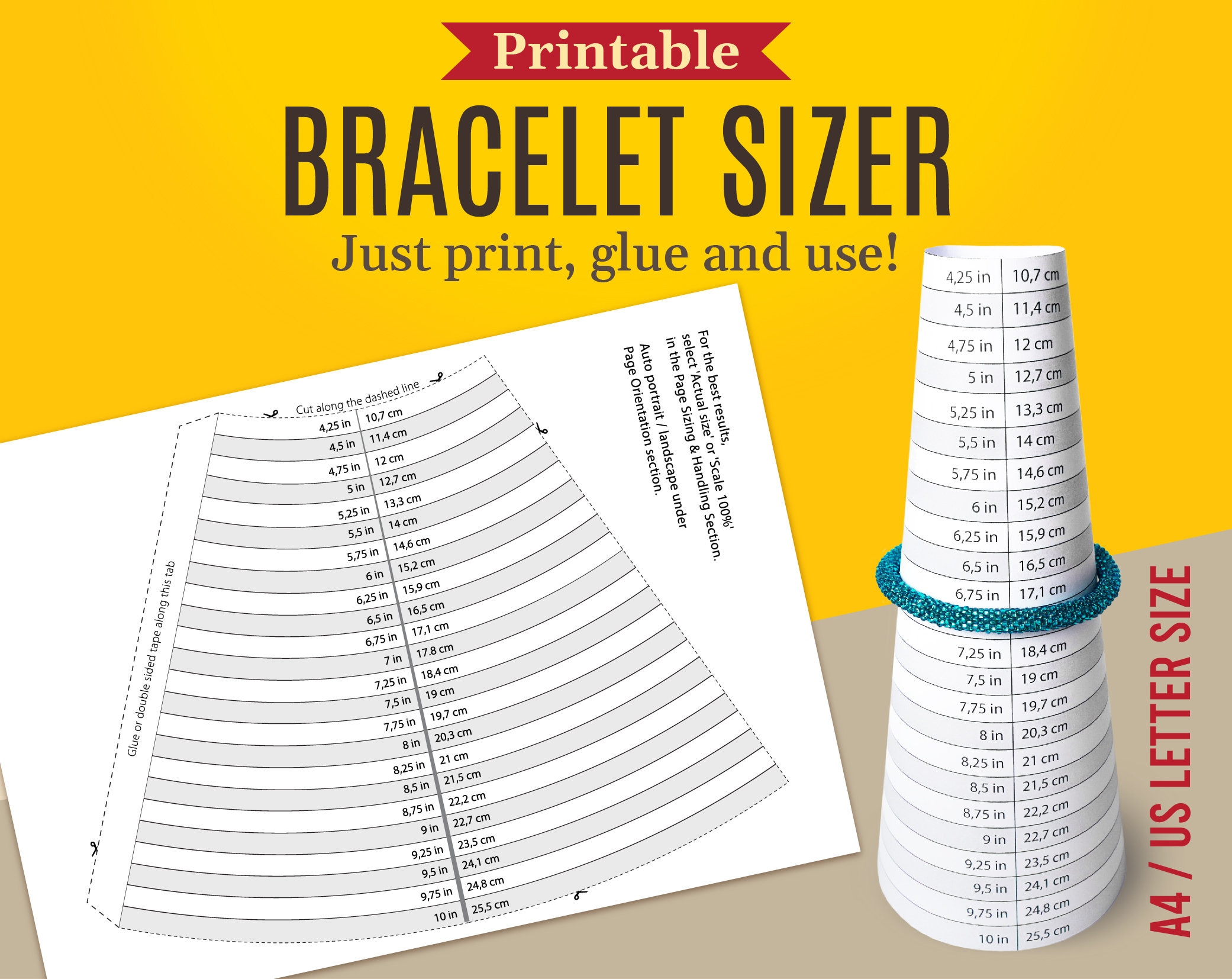 Printable Bracelet Sizer, Printable Bracelet Mandrel, Bracelet Sizer Gauge,  Jewelry Sizing Tool, A4, US Letter Size PDF JPG Instant Download 