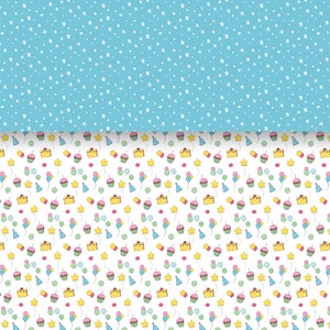 Peut inclure: Un motif sans couture avec un fond bleu et des &eacute;toiles blanches et un fond blanc avec un motif r&eacute;p&eacute;t&eacute; de cupcakes, d'&eacute;toiles, de ballons et de chapeaux de f&ecirc;te.