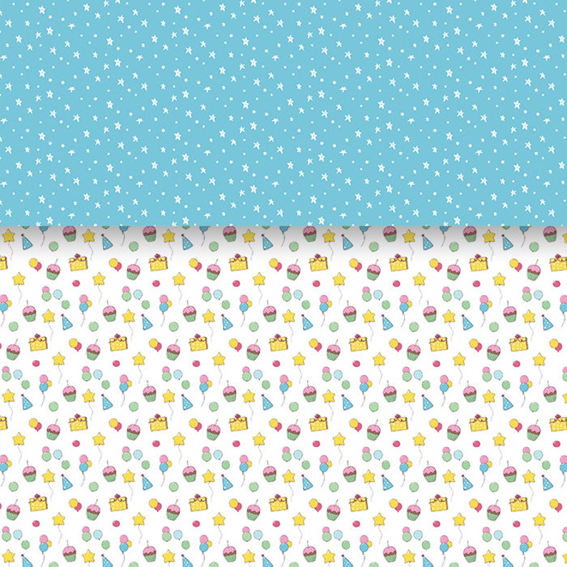 Peut inclure: Un motif sans couture avec un fond bleu et des &eacute;toiles blanches et un fond blanc avec un motif r&eacute;p&eacute;t&eacute; de cupcakes, d'&eacute;toiles, de ballons et de chapeaux de f&ecirc;te.