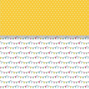 Peut inclure: Un motif sans couture compos&eacute; de deux rang&eacute;es altern&eacute;es. La rang&eacute;e sup&eacute;rieure est un fond jaune avec des pois blancs. La rang&eacute;e inf&eacute;rieure est un fond blanc avec un motif r&eacute;p&eacute;titif de drapeaux de f&ecirc;te color&eacute;s.