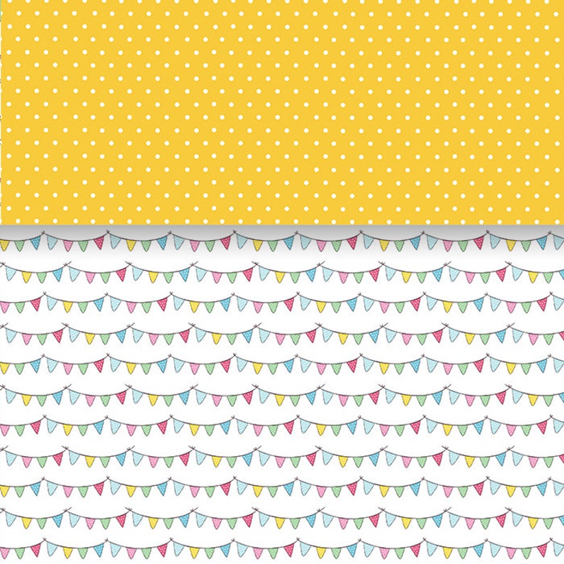 Peut inclure: Un motif sans couture compos&eacute; de deux rang&eacute;es altern&eacute;es. La rang&eacute;e sup&eacute;rieure est un fond jaune avec des pois blancs. La rang&eacute;e inf&eacute;rieure est un fond blanc avec un motif r&eacute;p&eacute;titif de drapeaux de f&ecirc;te color&eacute;s.