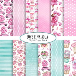 Wedding digital paper pack - instant download, Pink aqua colors, digital scrapbooking