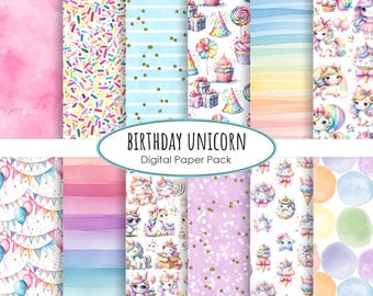 Digitaal papier eenhoornverjaardag - digitale scrapbooking kleurrijke eenhoorn