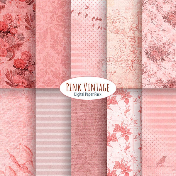 Floral paper Pack Digital background Pink Shabby Chic textures Red patterns download vintage printable