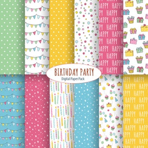 Peut inclure: Un pack de papier num&eacute;rique avec 10 motifs diff&eacute;rents pour les f&ecirc;tes d'anniversaire. Les motifs comprennent des pois, des &eacute;toiles, des bougies, des ballons et les mots "Joyeux anniversaire".