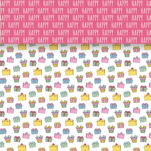 Peut inclure: Un fond blanc avec un motif r&eacute;p&eacute;titif de bo&icirc;tes cadeaux color&eacute;es avec des n&oelig;uds. Les bo&icirc;tes sont de diff&eacute;rentes couleurs, notamment jaune, vert, bleu et rose.