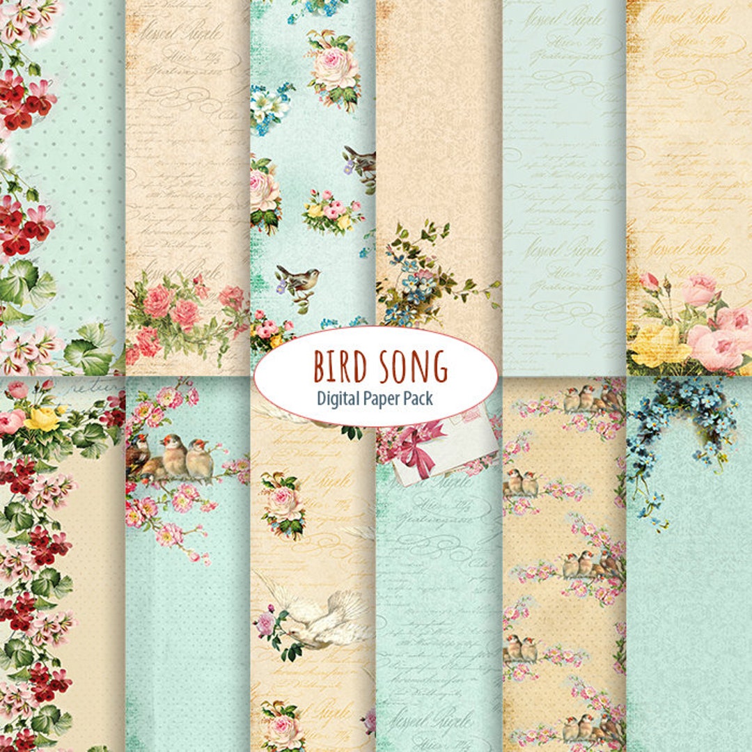 Vintage Digital Paper Pack Bird Song Printable Patterns Old Textured ...