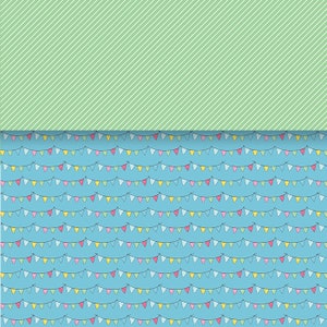 Peut inclure: Un fond bleu avec un motif r&eacute;p&eacute;titif de drapeaux triangulaires color&eacute;s enfil&eacute;s. Les drapeaux sont dans des tons de rose, jaune, bleu et vert.