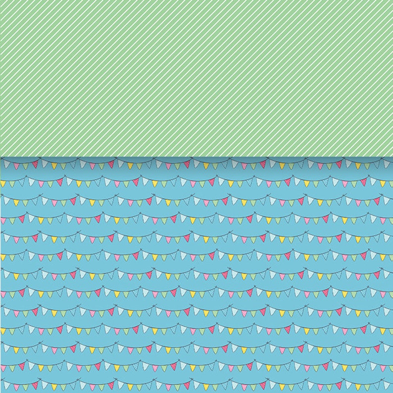 Peut inclure: Un fond bleu avec un motif r&eacute;p&eacute;titif de drapeaux triangulaires color&eacute;s enfil&eacute;s. Les drapeaux sont dans des tons de rose, jaune, bleu et vert.