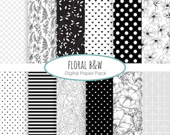 floral digital paper black and white paper pack instant download digital scrapbooking